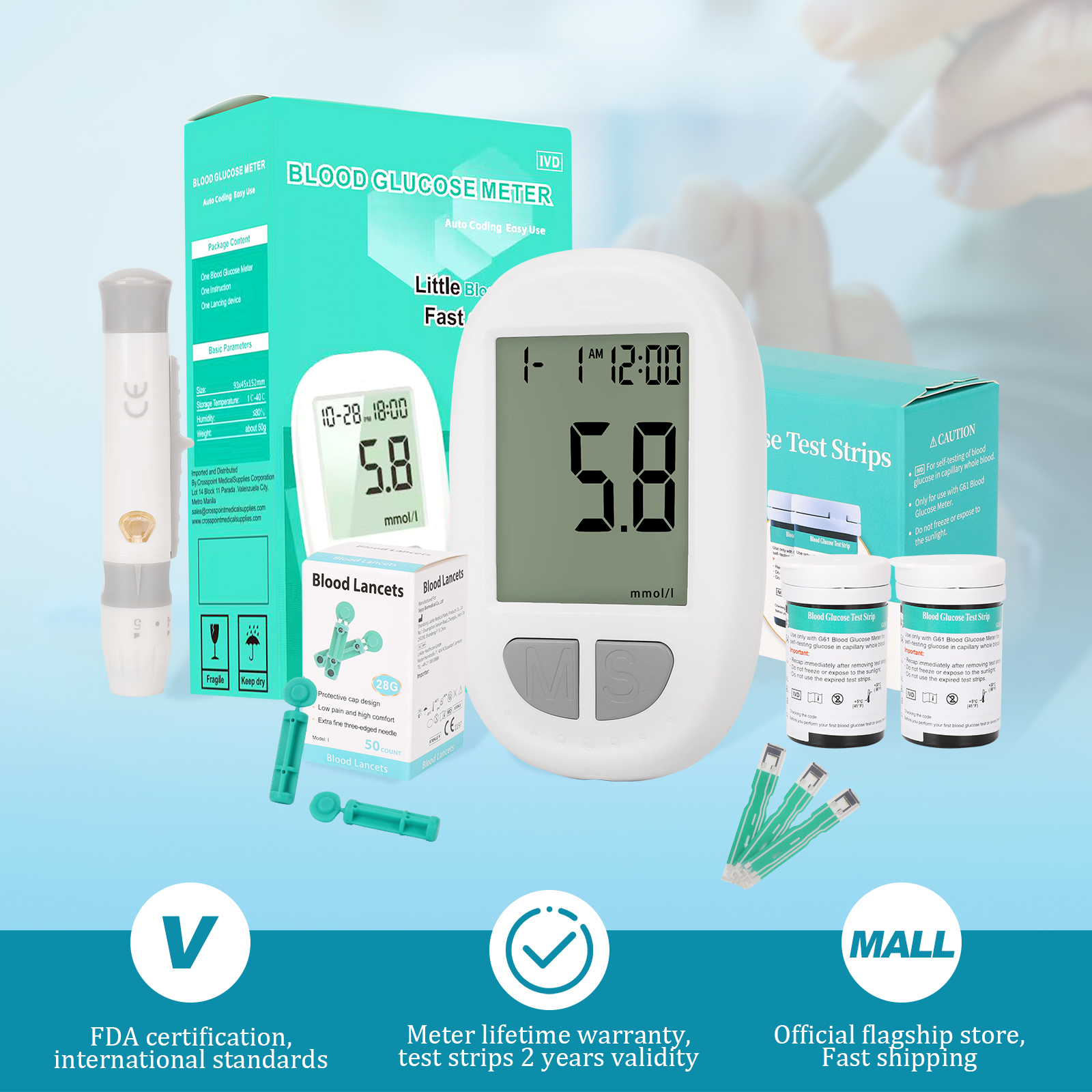 Advanced Glucometer Blood Glucose Meter With Blood Lancet And Strips